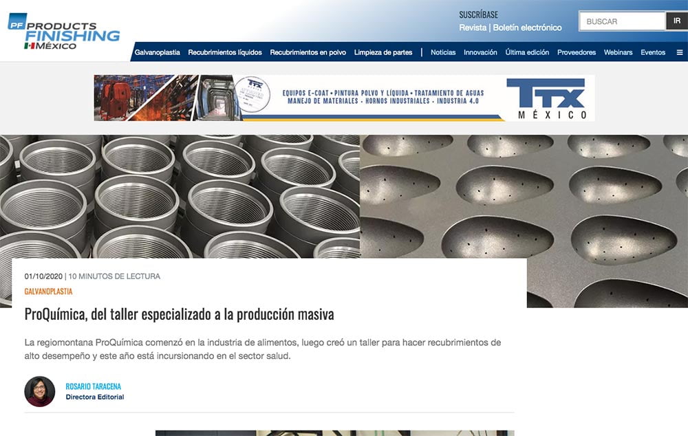 Reconocimiento de ProQuímica en la revista Products Finishing México